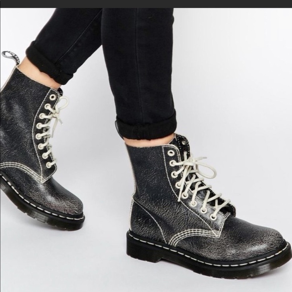 Dr. Martens Black Distressed Leather Combat Boots with White Laces